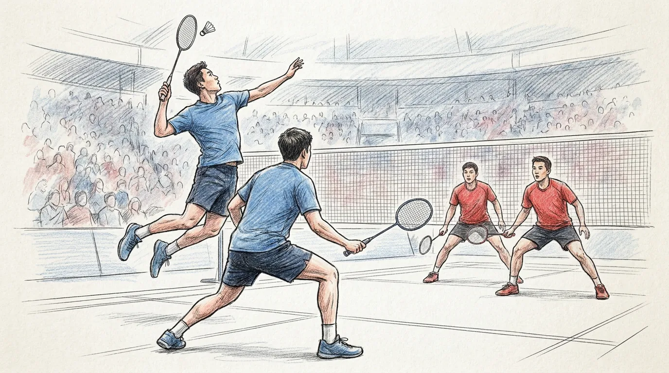 Ilustración a lápiz y tinta de un partido de dobles de bádminton: en primer plano dos compañeros de camiseta azul atacan en fila, uno salta al fondo para golpear el volante y otro avanza hacia la red, y la pareja rival de rojo defiende en paralelo al otro lado