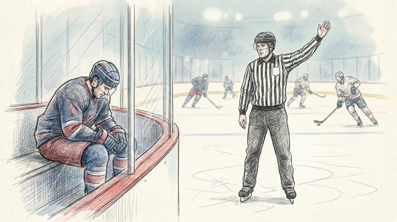 Ilustración a lápiz y tinta de una penalización en hockey sobre hielo: un árbitro con camiseta de rayas levanta un brazo sobre el hielo mientras un jugador está sentado en el banco de castigo, detrás del cristal, con el casco apoyado en la rodilla, y otros jugadores patinan al fondo