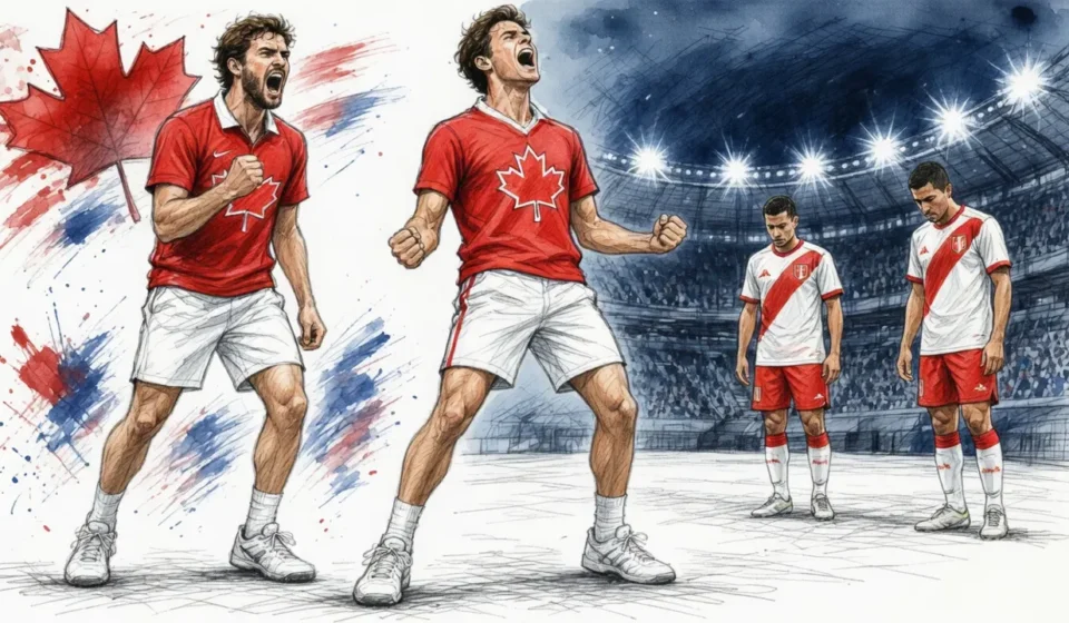 Canadian soccer players in red jerseys celebrate on a stadium pitch; two foreground players shout with fists clenched, one behind looks on.