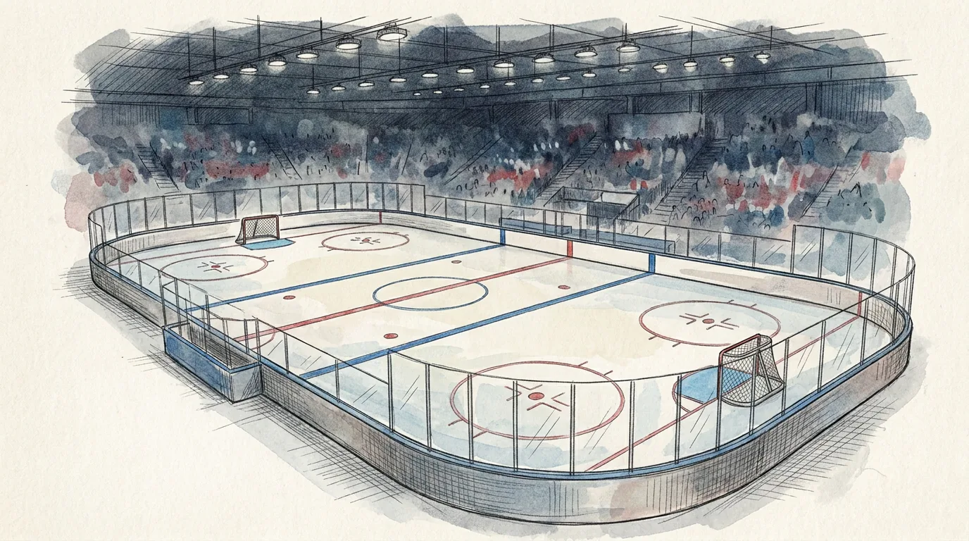 Ilustración a lápiz y tinta de una pista de hockey sobre hielo vacía vista desde una esquina en alto: el hielo blanco con esquinas redondeadas rodeado de vallas y cristal, la línea roja central, las dos líneas azules, los círculos de saque neutral y una portería con su área azul en cada fondo
