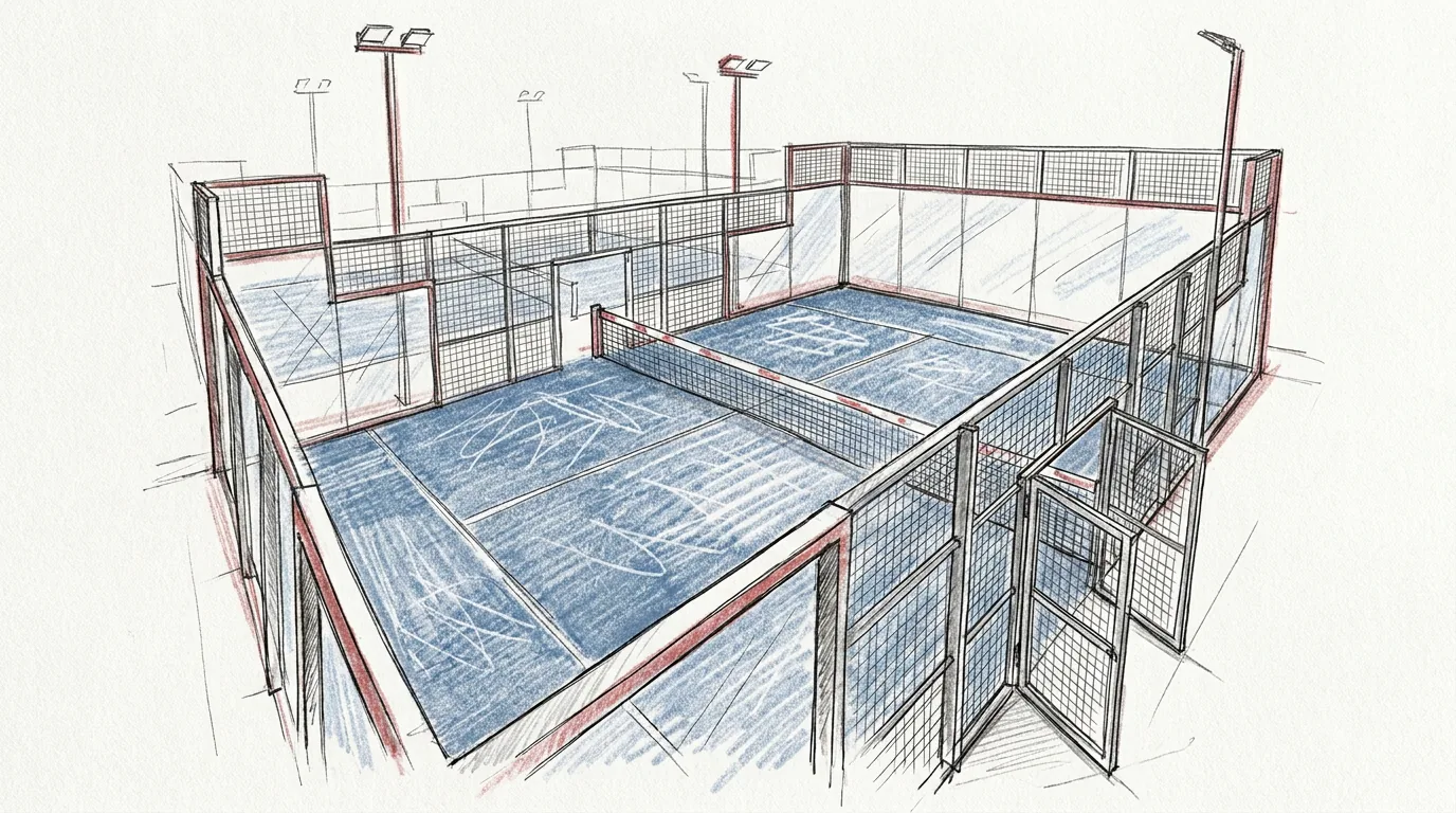 Ilustración a lápiz y tinta de una pista de pádel vacía vista desde una esquina en alto: césped artificial azul con líneas blancas, la red baja en el centro, paredes de cristal en los dos fondos, malla metálica en los laterales y focos encima