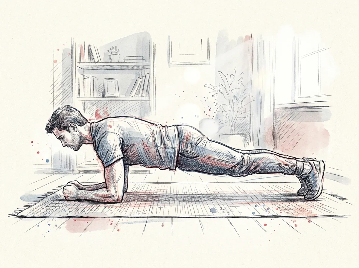 Ilustración a lápiz y tinta de un hombre de perfil en plancha sobre los antebrazos, con los codos bajo los hombros, el cuerpo recto de la cabeza a los talones y la mirada hacia el suelo