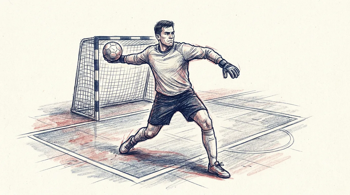 Ilustración a lápiz y tinta de un portero de fútbol sala con guantes y manga larga, dentro de su área y delante de la portería, que echa el brazo hacia atrás con el balón en la mano para sacar hacia un compañero