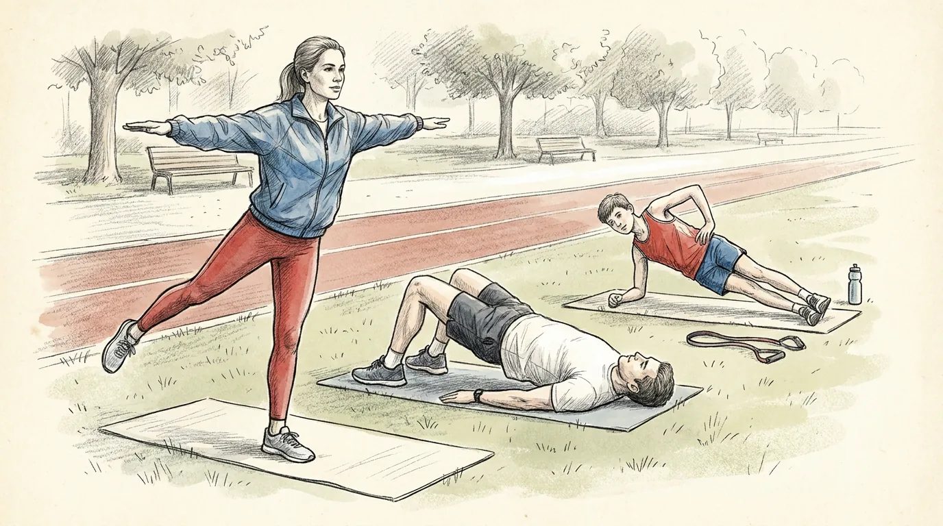 Ilustración a lápiz y tinta de tres adultos que hacen ejercicios de prevención de lesiones en un parque junto a una pista de atletismo: una mujer mantiene el equilibrio sobre una pierna, un hombre hace un puente de glúteo y un corredor hace una plancha lateral, con una banda elástica y una botella de agua en el césped