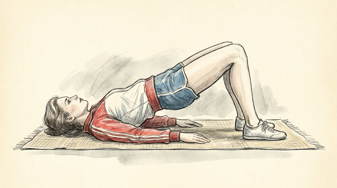 Ilustración a lápiz y tinta de una mujer tumbada boca arriba sobre una esterilla que eleva la cadera en un puente de glúteo, con las rodillas dobladas, los pies apoyados y el cuerpo en línea de los hombros a las rodillas