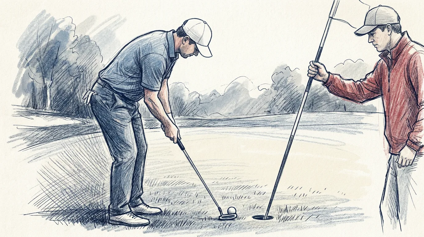Ilustración a lápiz y tinta de un golfista inclinado sobre su putter que empuja la bola hacia el hoyo en el green mientras un caddie atiende la bandera, sujetando el asta junto al agujero
