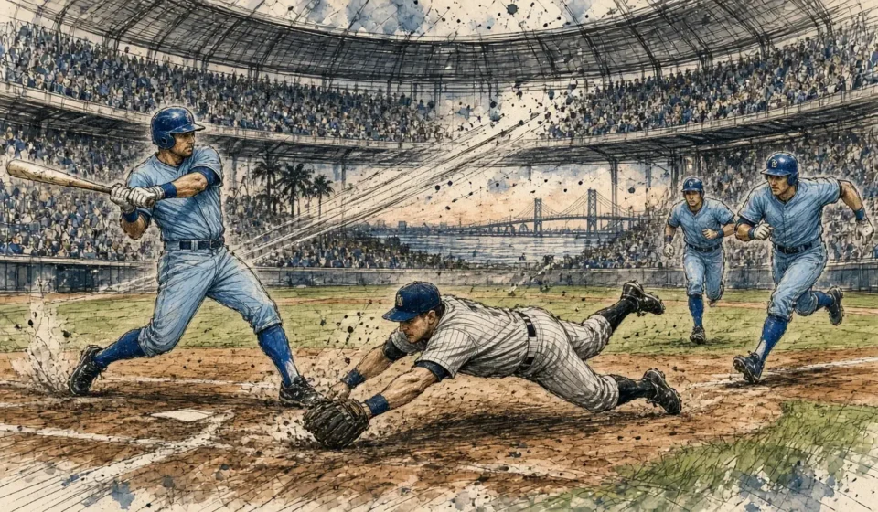 Ilustración editorial: los Rays anotan ante los Yankees en la Serie Divisional