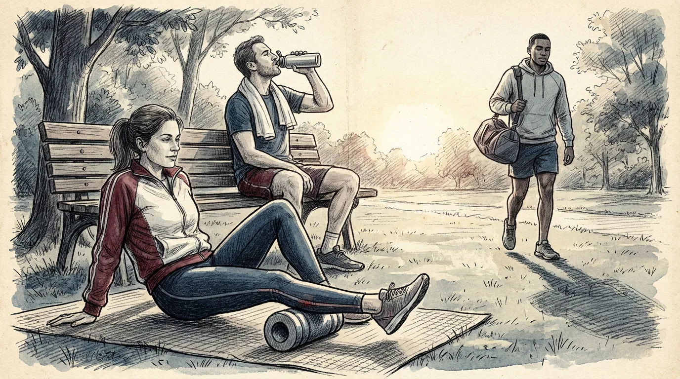 Ilustración a lápiz y tinta de tres adultos que se recuperan después de entrenar en un parque al atardecer: una mujer pasa un rodillo de espuma por la pantorrilla sobre una esterilla, un hombre sentado en un banco bebe agua con una toalla en los hombros y un corredor camina despacio y relajado