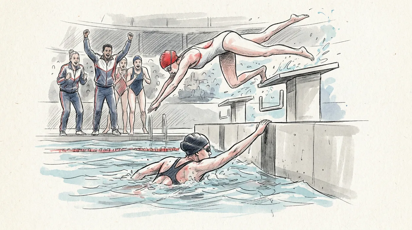 Ilustración a lápiz y tinta de un relevo de natación: un nadador toca la pared con la mano estirada mientras su compañero se lanza al agua por encima de él desde el poyete y el resto del equipo lo anima desde el borde