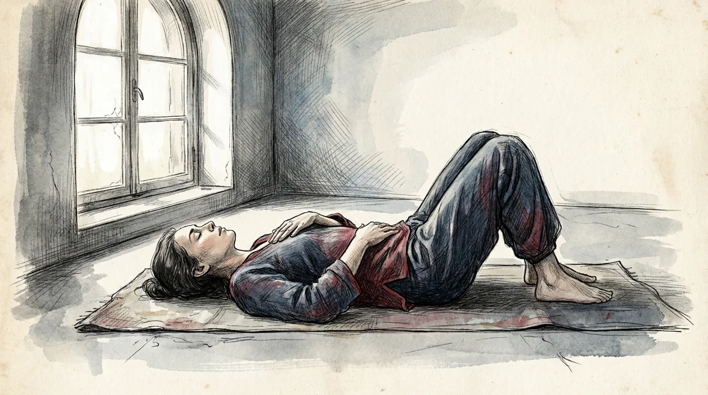 Ilustración a lápiz y tinta de una mujer tumbada boca arriba sobre una esterilla, con los ojos cerrados, una mano en el pecho y otra en el abdomen y las rodillas dobladas, respirando despacio en una habitación tranquila con luz suave de una ventana