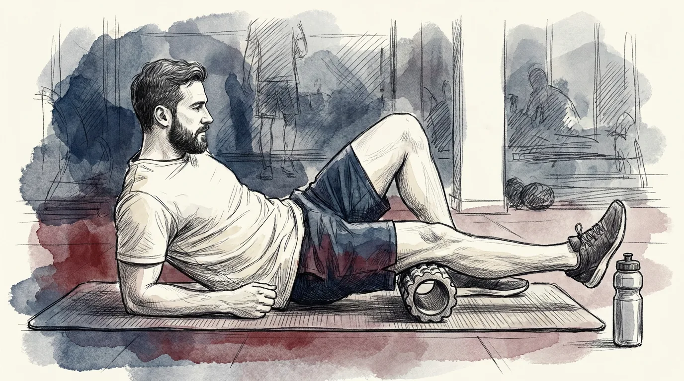 Ilustración a lápiz y tinta de perfil de un hombre sentado en una esterilla con un rodillo de espuma bajo la parte de atrás del muslo, apoyado en la mano y el antebrazo, rodando despacio la pierna con expresión tranquila y una botella de agua al lado