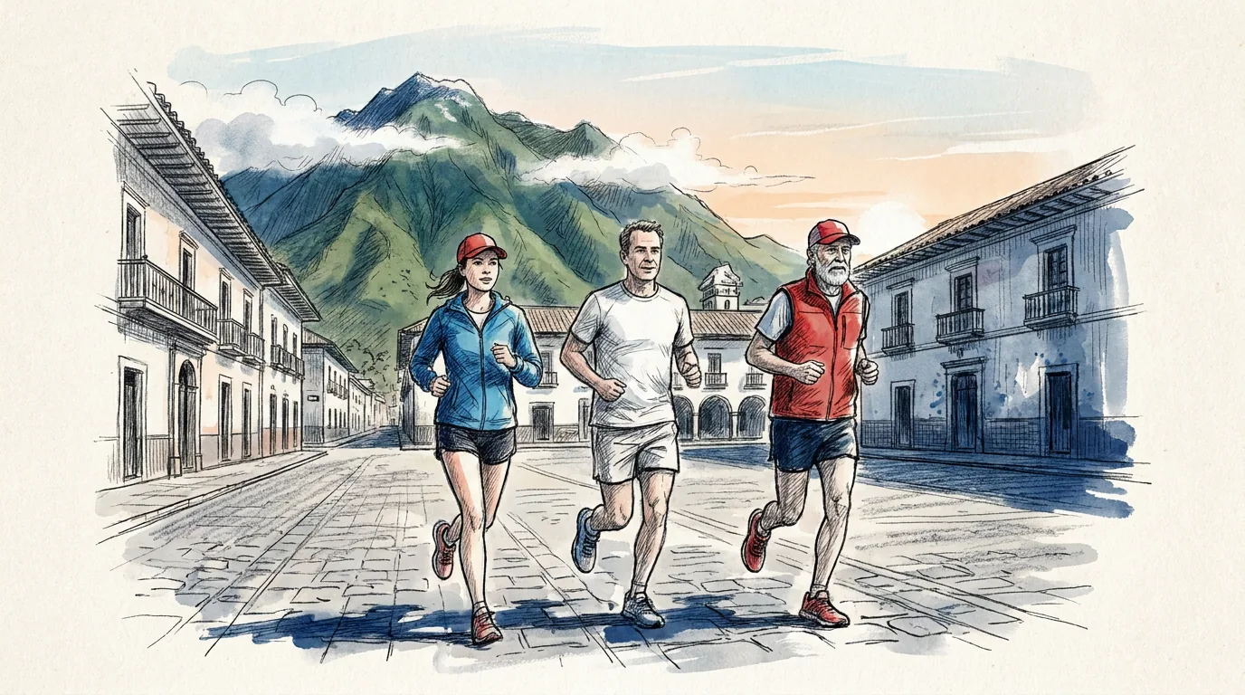 Ilustración a lápiz y tinta de tres corredores aficionados de distintas edades, una joven, un hombre de mediana edad y un hombre mayor, que corren juntos y relajados por una calle empedrada de una ciudad andina colonial al amanecer, con una montaña verde al fondo