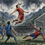 Ilustración editorial: cabezazo de Víctor Moreno en el Medellín 0-1 Santa Fe