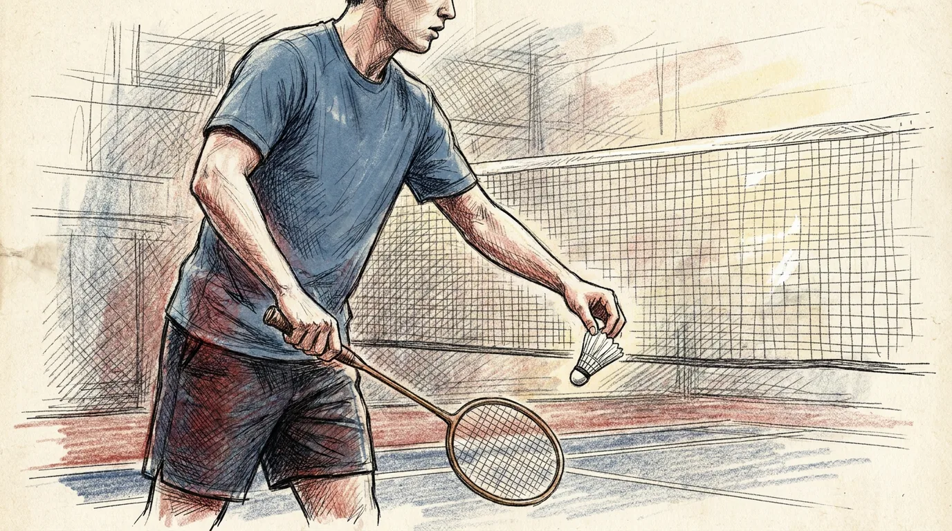Ilustración a lápiz y tinta de un jugador de bádminton de camiseta azul preparado para sacar junto a la red: sujeta el volante por las plumas a la altura de la cintura con una mano y lleva la raqueta baja con la otra
