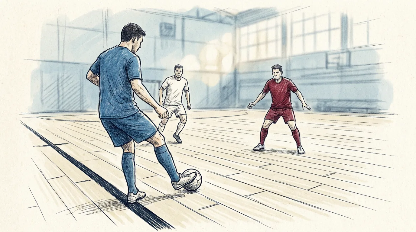 Ilustración a lápiz y tinta de un jugador de fútbol sala de camiseta azul que, junto a la línea de banda de una pista de madera, va a golpear con el pie el balón parado, mientras un rival de rojo espera a distancia y otro jugador observa al fondo