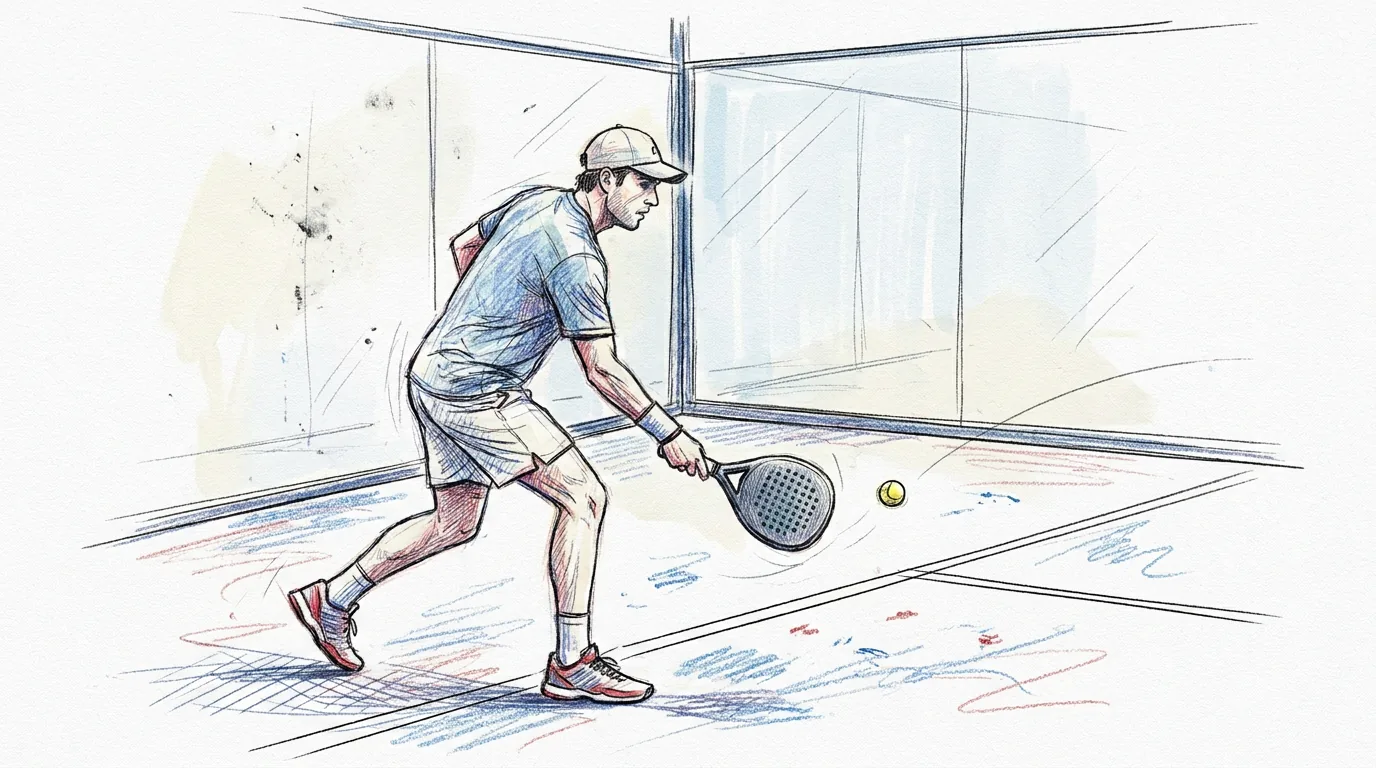 Ilustración a lápiz y tinta de un jugador de pádel de perfil que saca junto a las paredes de cristal: con las rodillas flexionadas, golpea la pelota con la pala por debajo de la cintura justo después de botarla en el suelo