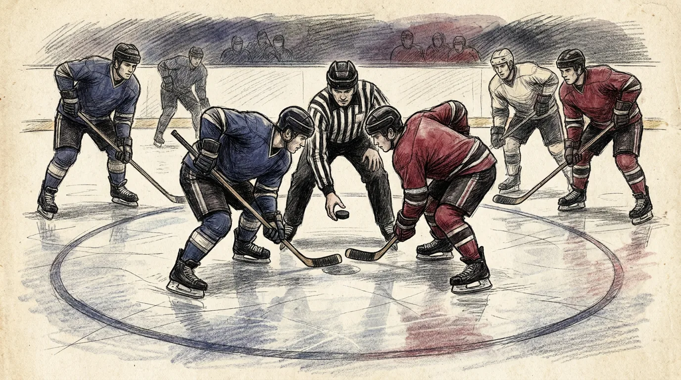 Ilustración a lápiz y tinta de un saque neutral de hockey sobre hielo: dos centros agachados frente a frente dentro de un círculo de saque, con los sticks sobre el hielo, mientras un juez de línea con camiseta de rayas va a soltar el disco entre ellos y los extremos esperan a los lados