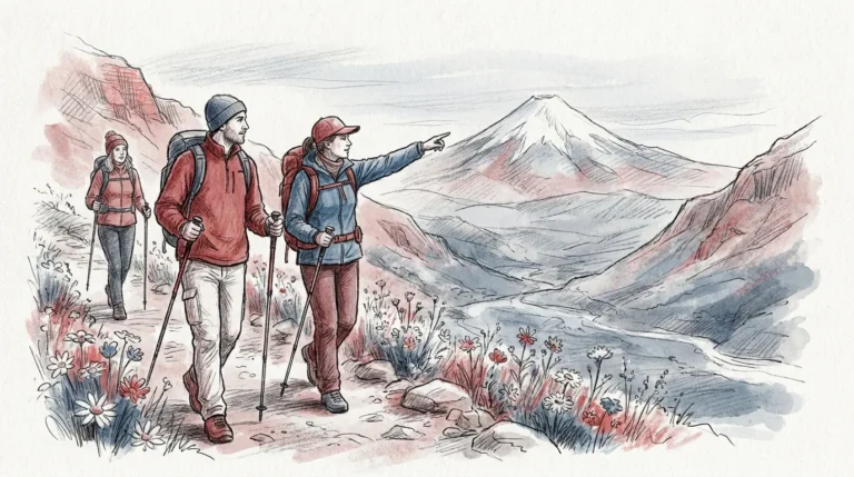 Ilustración a lápiz y tinta de tres senderistas principiantes con mochila y bastones que caminan por un sendero de montaña en los Andes, con un valle verde abajo y volcanes nevados al fondo, mientras uno de ellos señala el paisaje