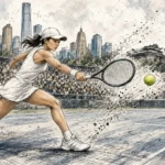 Ilustración editorial: Świątek golpea una derecha en su remontada ante Vekic en Pekín