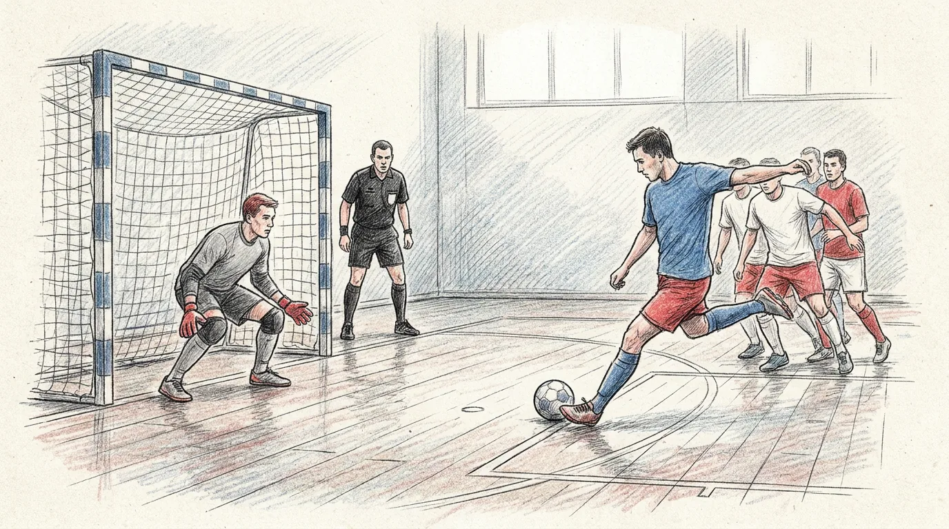 Ilustración a lápiz y tinta de un jugador de fútbol sala de camiseta azul que va a chutar un tiro libre sin barrera hacia la portería, frente al portero agachado y preparado, mientras el árbitro observa junto al poste y el resto de jugadores espera detrás del balón