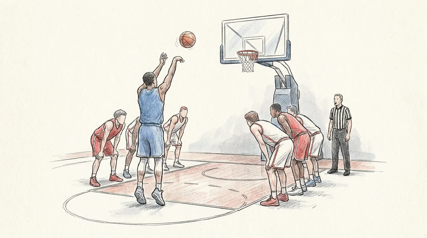 Ilustración a lápiz y tinta de un tiro libre de baloncesto: un jugador lanza desde la línea de tiros libres mientras otros jugadores esperan el rebote a ambos lados de la zona y el árbitro observa
