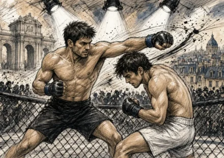 Ilustración editorial: dos peleadores de MMA intercambian golpes en el octágono
