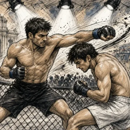 Ilustración editorial: dos peleadores de MMA intercambian golpes en el octágono