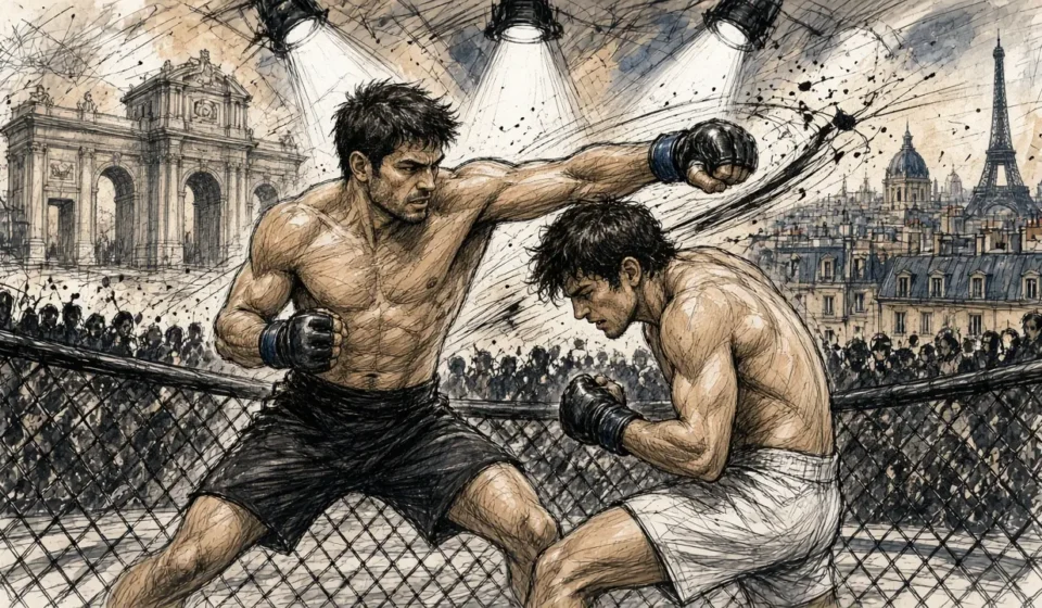 Ilustración editorial: dos peleadores de MMA intercambian golpes en el octágono