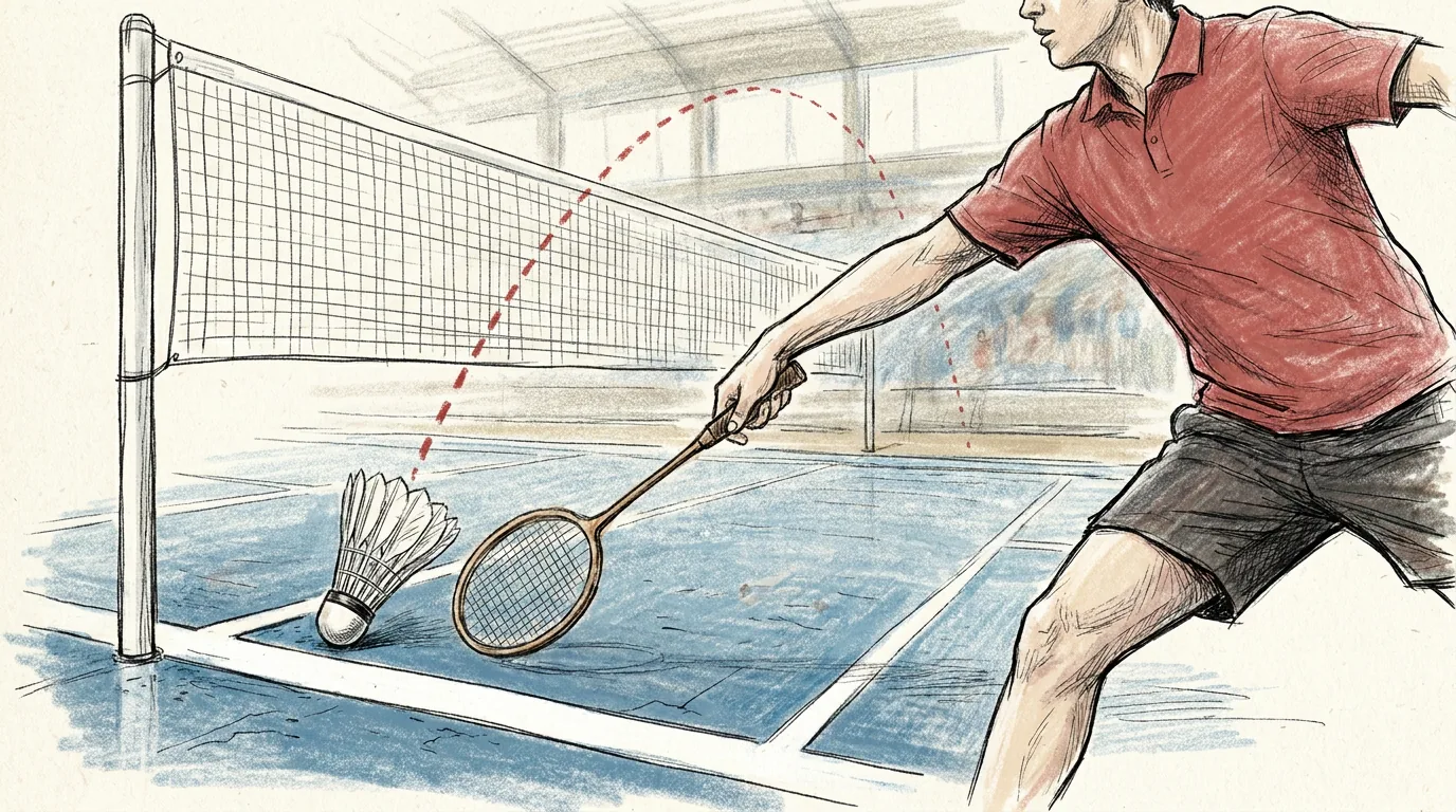 Ilustración a lápiz y tinta de una pista de bádminton vista de cerca junto a la red: la trayectoria punteada de un volante que pasa la red y cae dentro de la pista, junto a la línea blanca, mientras un jugador de camiseta roja estira la raqueta sin llegar